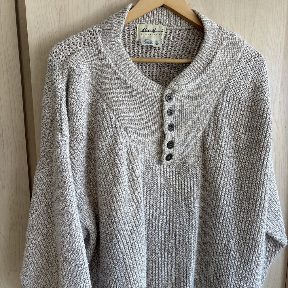 Vintage Eddie Bauer Men's XL Henley Sweater Tan‎ Sand Cotton Knit Made in USA - Picture 2 of 7